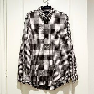 Lands’ End Men’s Shirt No Iron long Sleeve Plaid gingham white brown tall 16 1/2